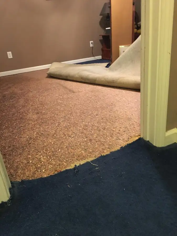 Carpet pad removal revealing water damage during Water Mitigation Services in Delafield
